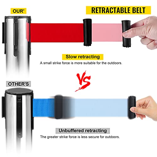 VEVOR Personenleitsystem 6 Ständer 1 Adapter, 90 cm Gesamthöhe Absperrung, Abgrenzungsständer, Absperrständer mit 2 M Länge Gürtel für Airport Flughafen, Ständer aus Stahl und Eisen Silber