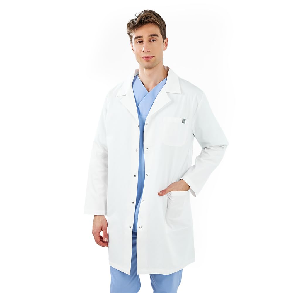 MYLOOKPRO - Bata médica Blanca de Manga Larga Colombia – Bata Profesional Unisex 100% algodón – Botones a presión – 3 Bolsillos – Ropa de Laboratorio, enfermería, odontología y Veterinaria