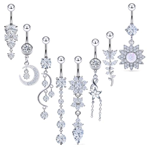 Vsnnsns 14G Dangle Belly Button Ring Piercing Jewelry 316L Stainless Surgical Steel Navel Rings Cubic Zirconia Heart Flower CZ Dangling Belly Button Ring Piercing Jewelry for Women 14 Gauge