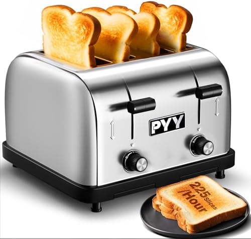 PYY Toaster Commercial 4 Slices- 225 Slices/Hour 1800W Pop Up Wide Slots 1.57 inch Stainless Steel 6-Level Setting with Removable Crumb Tray, Bread, Bagels, Breakfast, Restaurant