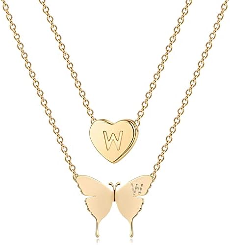 Minegreet Gold Initial Layered Necklace 18K Gold Plated Butterfly and Heart Pendant Name Necklaces Delicate Everyday Necklace for Women Minimalist Personalized Jewelry