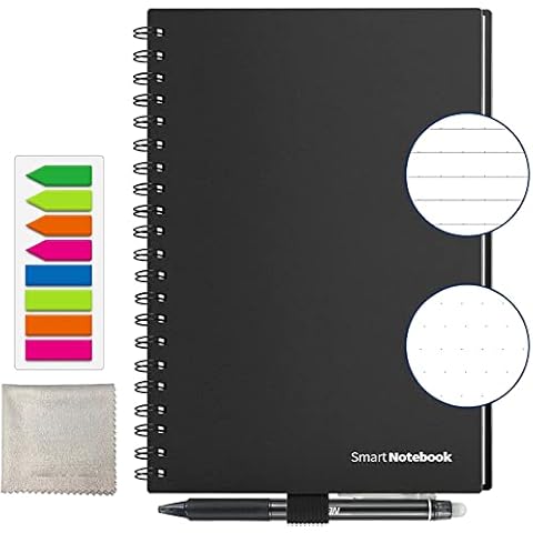 Reusable Notebook Writing Pad Planner, Black, DIN A5, Focus Lines and Dot Grid, with iOS/Android App Cloud, Rewritable with Pen, Sticky Notes and Microfibre Cloth Cover