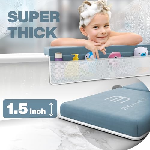 Image of Comfortable Bath Kneeler and Elbow Kneeling Rest Pad for Baby Bathing Parents - Painless Foam Mat with Toy Organizer Pockets - Quick Drying, Foldable, Non-Slip for Baby and Toddler Bathing - Blue