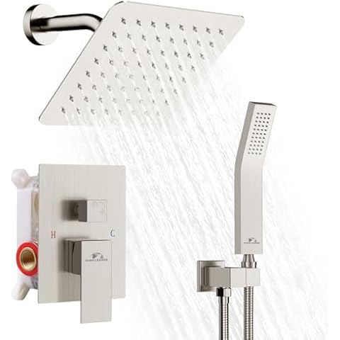 Shower System Rainfall Shower Faucets Set Brushed Nickel, 8 Inch Wall Mounted Rain Shower Head with Handheld Spray Shower Valve and Trim Included Cover