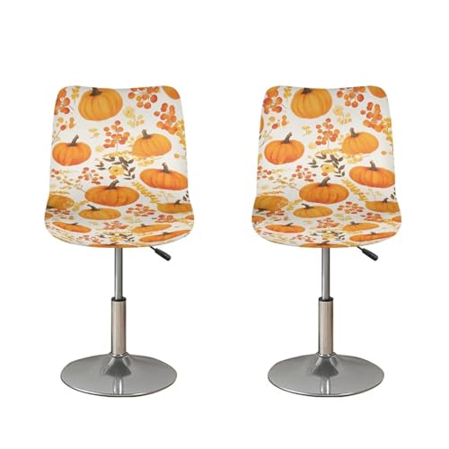 Image of Thanksgiving Pumpkin Bar Stool Covers with Backs Non-Slip Square Barstool Covers Slipcovers Waterproof Bar Chair Cover for Low Short Back Chair Set of 2 Fall Decor