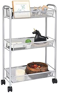 COSTWAY 3/5 Tiers Rolling Trolley Cart, Metal Utility Shelves with Mesh Baskets and Wheels, Multi-Purpose Storage Organizer Cart for Kitchen Bathroom Office (Grey, 44 x 18 x 70cm)