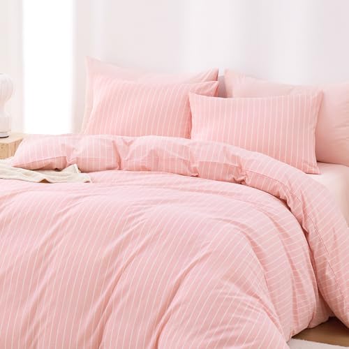 Image of Wake In Cloud - Striped Cotton Duvet Cover Set, Ticking Stripe Vertical Pinstripe Farmhouse, 100% Washed Cotton Textured Bedding Set, 3 Pieces, Pink, Full Size