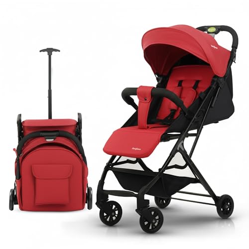 Image of Baybee Foldable Baby Stroller Pram for Baby Boy Girl 0 to 3 Years with Metal Frame, 3-Position Adjustable Seat & Canopy, Bassinet, Parent Handle, 5 Point Safety Belt, Stroller for Kids Toddler (Red)
