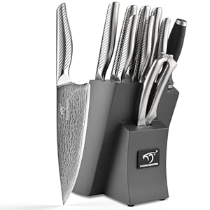 NANFANG BROTHERS® 10 Pieces Damascus Kitchen Knife Set, High Carbon Stainless Steel Damascus Steel Chef Knife Set, Stainless Steel Ergonomic Handle for Chef, with Built-in Sharpening Rod NF