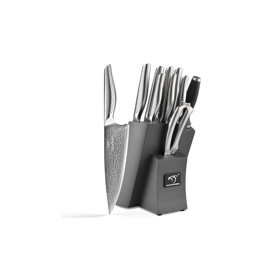 NANFANG BROTHERS® 10 Pieces Damascus Kitchen Knife Set, High Carbon Stainless Steel Damascus Steel Chef Knife Set, Stainless Steel Ergonomic Handle for Chef, with Built-in Sharpening Rod NF