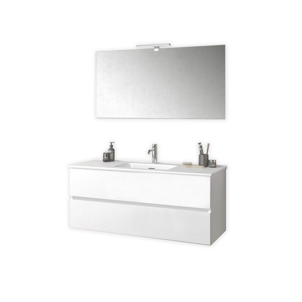 AQA DESIGN accessori casa composizione bagno, nr2 cassetti con scorrimento e chiusura soft close, maniglia a gola in melaminico, nr1 specchio - Bianco - 121x46,5x190 cm