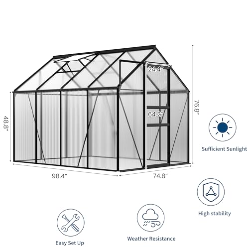 6x8FT Greenhouse for Outdoors, Walk-in Polycarbonate Greenhouse with Sliding Door, Adjustable Roof Vent & Gutter System, Portable Outdoor Green House Kit for Winter Gardening