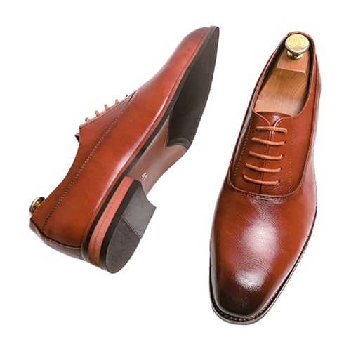 Santimon Men's Leather Dress Oxford Shoes Plain Toe Lace-Up Formal Business Derby Shoes Black Brown2