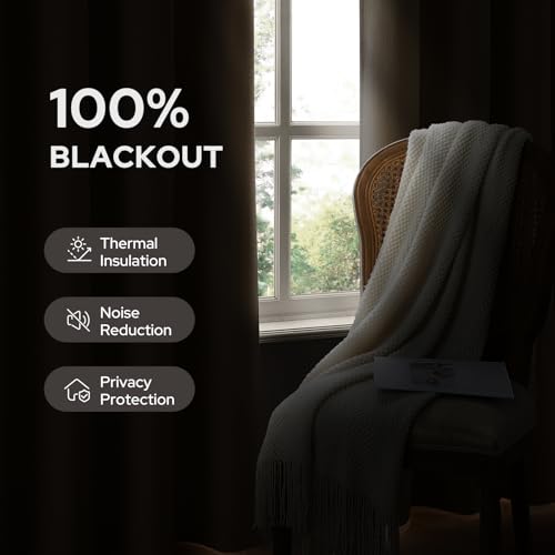 Image of HOMEIDEAS 100% Blackout Beige Faux Linen Curtains 52W x 84L 2 Panels
