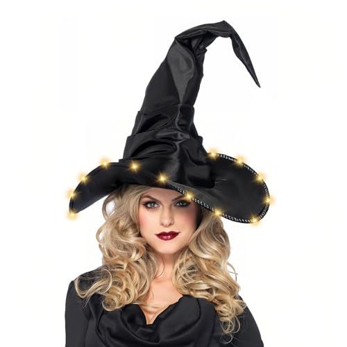 23GUANYI LED Cappello Strega Donna, Nero Grande Cappelli Strega Halloween Decorazioni Tesa Larga Appuntito Illuminato Cappello da Strega Accessori Costume Halloween per Cosplay Festa