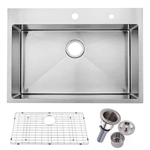 Friho 30\"x 22\" Inch 18 Gauge Commercial Topmount Drop-in Single Bowl Basin Handmade SUS304 Stainless Steel Kitchen Sink, Brushed Nickel Kitchen Sinks with Dish Grid and Basket Strainer