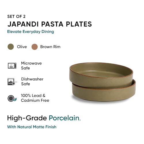 Image of Shay Stackable Ceramic Pasta Bowl Set, 22cm, 2 Pieces, Olive Green | Matte Finish | Ceramic Pasta Plate | Deep Plate | Pasta Serving Plate (Stackable Pasta Plate - Olive Green Rim)