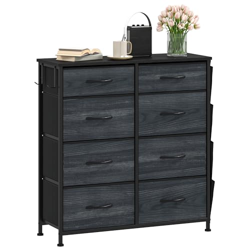 DWVO Chest of Drawers with 8 Drawers, Fabric Chest Drawers with Side Pocket&Hooks,Easy Pull Handle,Sturdy Steel Frame for Bedroom,Living Room,Charcoal Black Wood Grain
