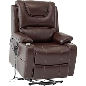 Gold Thumb Dual Motor Power Lift Recliner Chair Infinite Position for Elderly Electric Chair with Massage and Heating Faux Leather Living Room Chair with Cup Holder Pillow 9196(Brown)
