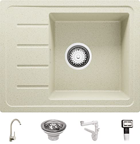 Evier Cuisine en Granit Beige, 55 x 44 cm, Lavabo 1 bac + Robinet + Kit de Vidage, Évier à Encastrer de Primagran