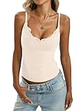 EasyGala Womens Cotton Camisole Lace V Neck Tank Top Adjustable Spaghetti Strap Tops Backless Sexy Low Cut Slim Fitted Cami Summer Going Out Y3K Shirts Trendy Sleeveless Clothes Cream White M