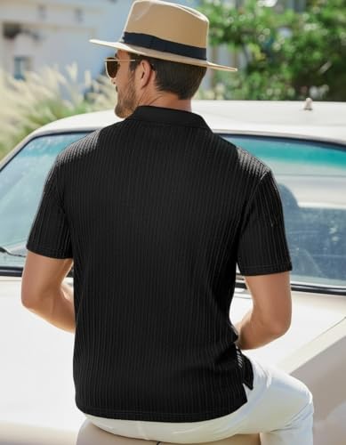 Image of Zilcon Mens Casual Polo Shirt Summer Short Sleeve Vacation Button Beach Knit Stretchy Golf Tshirts