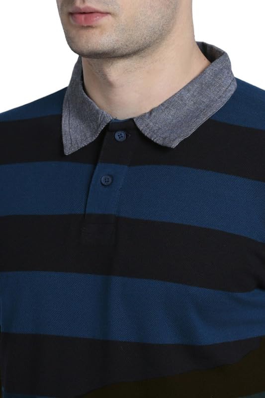 Image of Dennis Lingo Men's Cotton Grey Stripes Regular Fit Button-Down Half Sleeve Polo Tshirt