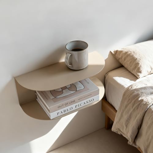 MILUKA Pack 2 Mesitas de Noche Flotantes en Beige Arena 40 x 20 cm | Estanteria Pared Moderna con 2 Baldas en una Sola Pieza | Diseño Minimalista - Sin Montaje | Hecho en España