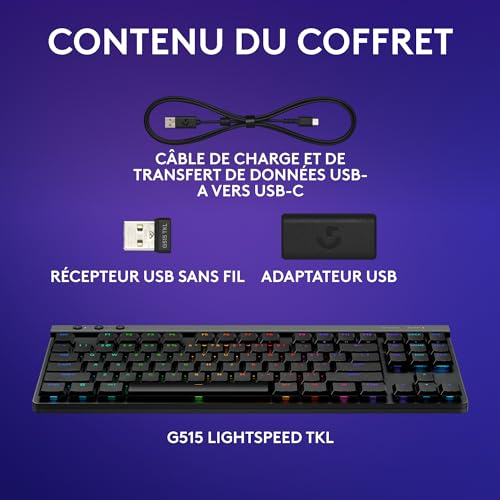 Logitech G515 Lightspeed TKL profilé Clavier Gaming sans Fil, LIGHTSYNC RVB, Profil Ultra-Plat sans pavé numérique, Touches en PBT, Contacts mécaniques tactiles, Clavier Français AZERTY - Noir