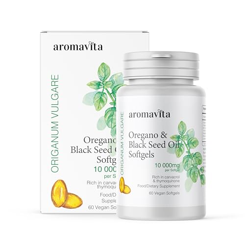 AROMAVITA Oregano & Black Seed Oil Softgels – 10.000mg Carvacrol & 375mg Thymoquinone – 10,000mg Oregano Herb Equivalent – Organic, Vegan, Non-GMO – Immune & Wellness Support – 60 Capsules