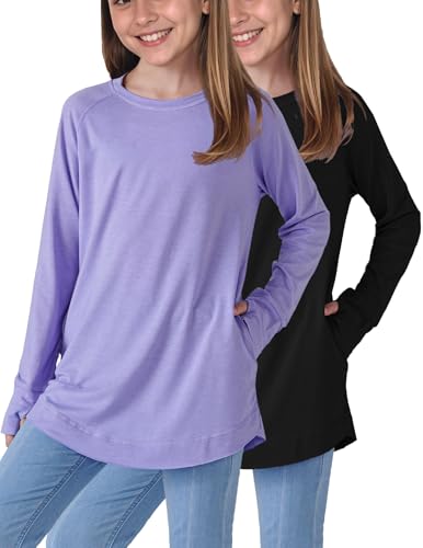 2-Pack Girls' Loose Fit Long Sleeve Tunic Tops with Pockets and Thumb Holes, Casual T Shirts for Tween Kids