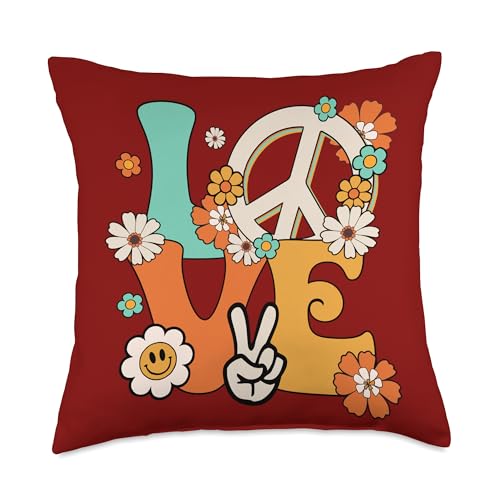 Peace 60's 70's Outfits Men Women Boys Girls Kids Peace Sign Love 60s 70s Costume Groovy Hippie Theme Party Throw Pillow, 18x18, Multicolor