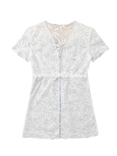 WDIRARA Girl's Tropical Pattern Lettuce Hem Mini Cover Up Dress Collarless Neck Short Sleeve Mesh Beach Dress