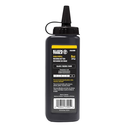 KLEIN TOOLS CHLK8BK Black Chalk Refill, 8-Ounce, Easy and Spill-Free Refills, Fade and Water-Resistant, For Use on Drywall, Concrete, Stone, Wood, and Plastic
