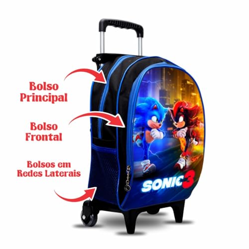 Sonic 3 Kit Escolar com Mochila de Rodas, Estojo e Mochila Pequena, Design Sonic vs Shadow, Azul