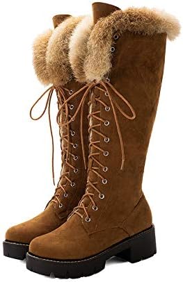 Women's Winter Warm Furry Mid Calf Snow Boots Plush Fur Lined Suede Lace Up Round Toe Chunky Fuzzy WarmTall Boots