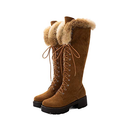 Womens Winter Warm Furry Mid Calf Snow Boots Plush Fur Lined Suede Lace Up Round Toe Chunky Fuzzy