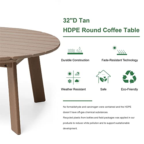 Elm Plus 32" D Hdpe Tan Round Coffee Table All-Weather Outdoor Adirondack Patio Side Desk #TOP4