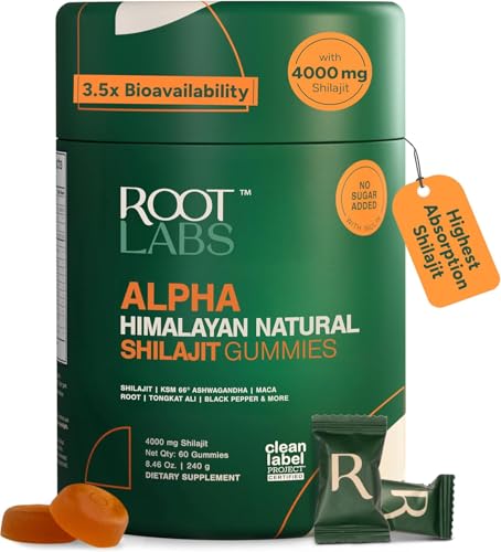 ROOT LABS 4000 mg Pure Himalayan Alpha Shilajit Gummies I No Added Sugar I KSM-66 Ashwagandha, Gokshura, Tongat Ali | 75%+ Fulvic Acid & 85+ Trace Minerals I Men,Women I Lab Tested I 60 Gummy