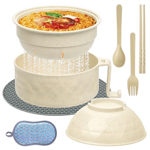 LETTERASHQP Microwave Ramen Bowl, Set Instant Noodle Cuenco con Tapa y Cuchara Portátil para Sopa, Pasta, Ensaladas