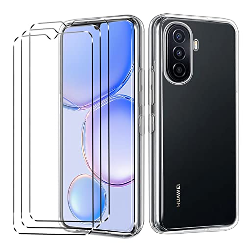 [3 + 1] para Huawei Nova Y71 Funda + 3 x Cristal Templado - Transparente Carcasa y Cristales Protector de Pantalla TPU Silicona Suave Gel Caja Cover Tapa Caso Carcasa Cubierta -Clear