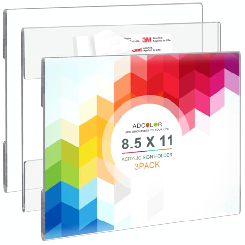 ADColor Wall mount Sign Holder 8.5x11 Landscape, Clear Plastic Picture Frame With Free Double Sided Adhesive Tape, Acrylic Frames Document Holder Display for Home Office Store Restaurant-3 Pcs