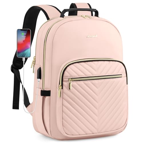 LOVEVOOK Laptop Backpack Purse for Women, Large Capacity Travel Business Computer Work Bag, Quilted Casual Nurse Backpack for Womens, Fit 15.6 Inch Laptop with USB Port, Nude