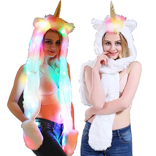 Faux Fur Unicorn Hat Scarf Gloves Light Up Mittens 3-in-3 Function Furry Hoodie Flashing Control LED light