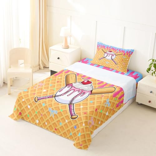 Image of Castle Fairy Baseball Cap Bed Sheets Twin Size,Ice Cream Cherry Plaid Print Easy Wash Bedding Set,Cute Sweet Sports Style Kids Room Decor,Pink Yellow Sheet(Fitted+Flat+1 Pillowcase)