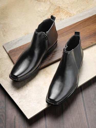 Image of Men's Stylish Vegan Leather Chelsea Boots with Side Zipper & Elastic Panel, Square Toe Ankle Boot (Tan /Black /Brown)
