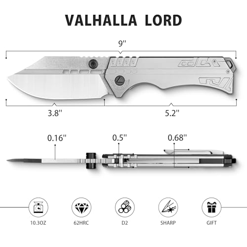 VALHALLA LORD Cool Pocket Knife for Men, 3.6'' D2 Steel Large Pocket Knife with Clip, Tactical Knife with Frame Lock, Big Folding Knives for Outdoor Survival, Gift for men women Collection