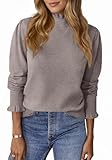 UNCLECAT Womens Ruffle Mock Neck Sweater Casual Puff Long Sleeve Fall Knit Trendy Pullover Sweater Tops Khaki