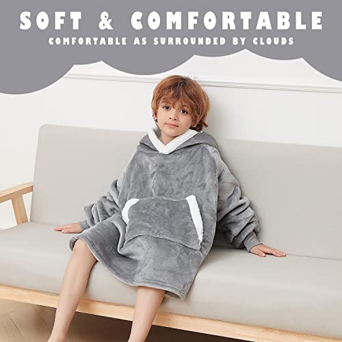 Xynhml Oversized Blanket Hoodie For Kids Flannel Sherpa Wearable Sweatshirt Blanket Snuggies Warm Plush Hooded Blanket With Huge Pocket And Elastic Sleeve Light Grey #TOP4