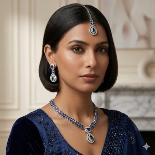 Image of Atasi International AD Diamond Kundan Style Silver Plated Crystals Necklace